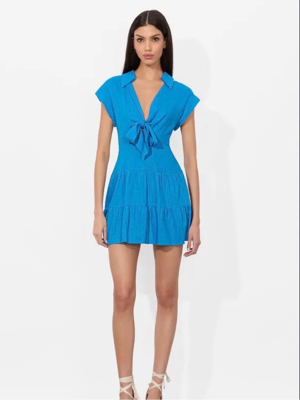 Alice + Olivia Bright Blue Tie-Front Tiered Mini Dress